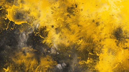A yellow and black background with splatters of paint. The splatters are in various sizes and shapes, creating a chaotic and energetic atmosphereの素材