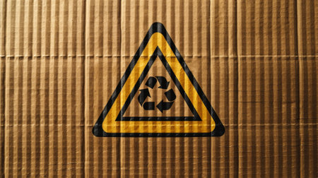 A cardboard box with a triangle and a recycle symbol on it. The triangle is yellow and blackの素材