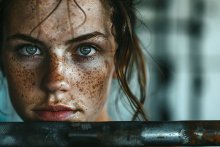 A woman with a pockmarked face is looking at the camera. The image has a moody and somewhat unsettling feeling to itの素材