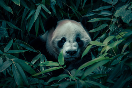 A panda bear is laying in the middle of a thicket of green leaves. The bear is looking at the camera, and the scene is peaceful and sereneの素材