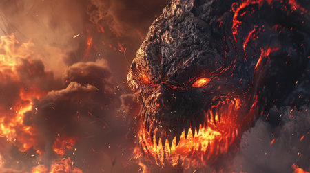 A monster with red eyes and a mouth full of teeth is surrounded by fire. The image has a dark and ominous mood, with the monster looking menacing and the fire adding to the sense of dangerの素材