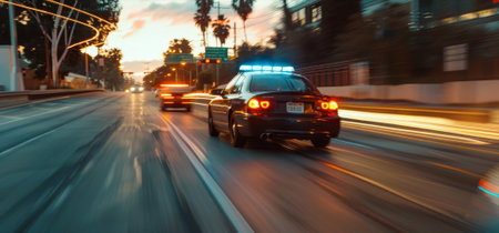 A police car is speeding down a highway. The car is black and has a blue light on the top. The car is going faster than the speed limitの素材