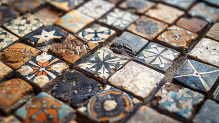 A mosaic tile floor with many different colored tiles. The tiles are arranged in a pattern and some of them are brokenの素材