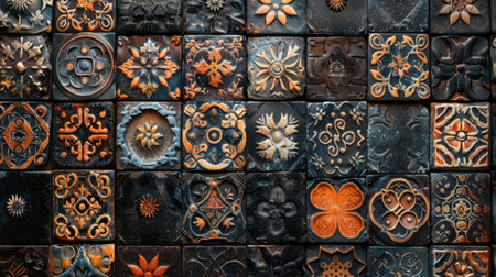 A mosaic of tiles with various designs and colors. The tiles are arranged in a way that creates a sense of depth and texture. Scene is one of warmth and creativityの素材