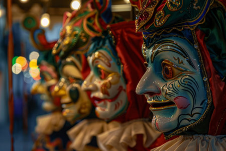 A group of masks with one of them having a smile on it. The masks are all different colors and sizesの素材