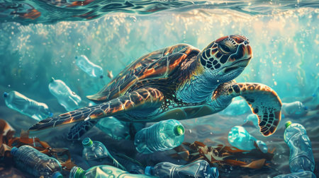 A turtle swimming in a sea of plastic bottles. The turtle is surrounded by a lot of plastic bottles, which is a sad and disturbing sightの素材