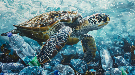 A turtle swimming in a sea of plastic bottles. The turtle is surrounded by a lot of plastic bottles, which is a sad and disturbing sightの素材