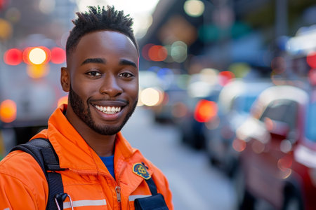 A man in an orange jacket is smiling and looking at the camera. He is wearing a badge that says "CB."の素材