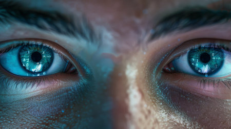 A man's eyes are open and staring at the camera. The blue color of the eyes is striking and captivatingの素材