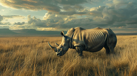 A rhino is walking through a field of tall grass. The sky is cloudy and the sun is settingの素材