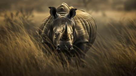 A rhino is running through tall grass. The sun is shining brightly, casting a warm glow on the scene. The rhino's horn is visible, and it is in motion, creating a sense of energy and excitementの素材