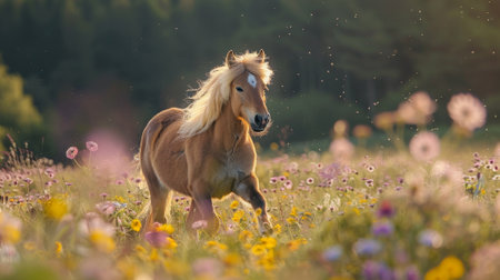 A brown horse is running through a field of flowers. The horse is the main focus of the image, and the flowers are in the background. The scene is peaceful and sereneの素材