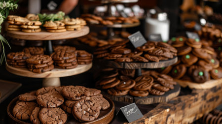 A table full of chocolate cookies and brownies. The cookies are on a wooden tray and the brownies are on a wooden boardの素材