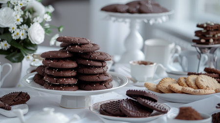 A table with a variety of cookies and cakes, including chocolate chip cookies and brownies. There are also cups and a vase on the table. Scene is inviting and cozyの素材