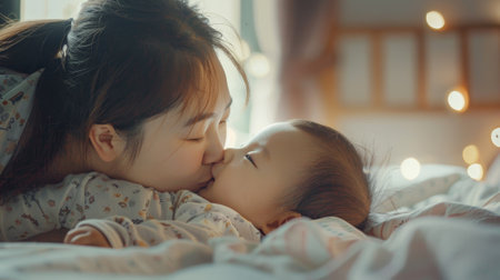 A woman is kissing a baby on its face. The baby is sleeping and the woman is holding itの素材