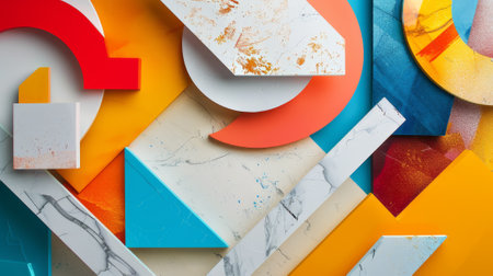 A colorful abstract painting with shapes and lines. The painting is made up of different shapes and colors, including squares, triangles, and circles. The colors are bright and boldの素材