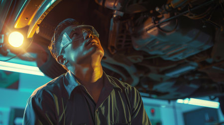 A man in a blue shirt is looking at a car engine. He is wearing safety glasses and a hard hatの素材