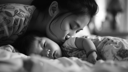 A woman is kissing a baby on a bed. The baby is sleeping and the woman is trying to wake him upの素材