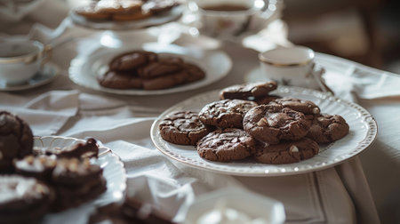 A table with a variety of cookies and a cup. The cookies are arranged on plates and the cups are placed on the table. Concept of indulgence and enjoymentの素材