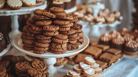 A table full of desserts including cookies, cakes, and cupcakes. The cookies are piled high on a white plateの素材