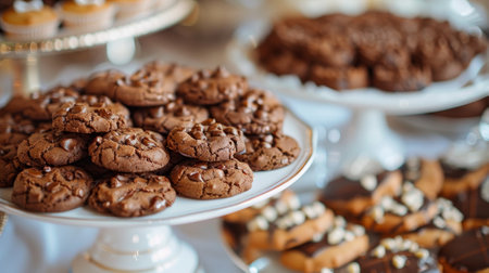 A white plate with a large pile of chocolate chip cookiesの素材