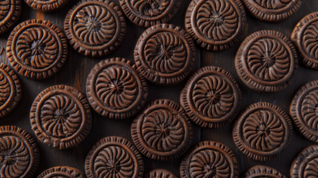 A close up of many brown cookies with a spiral design. The cookies are arranged in a row and are all the same sizeの素材