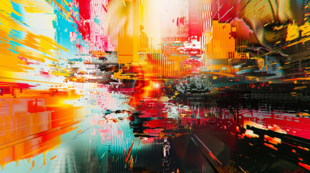 A colorful abstract painting with a cityscape in the background. The painting is full of bright colors and has a sense of movement and energy. The cityscape is made up of various shapes and linesの素材