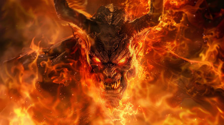 A demonic looking creature with red eyes and a mouth full of teeth is surrounded by flames. The image has a dark and ominous mood, with the flamesの素材