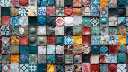 A mosaic of tiles with a variety of colors and patterns. Concept of diversity and creativity, as each tile is unique and contributes to the overall design. The mosaic appears to be a work of artの素材