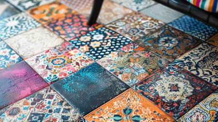 A colorful mosaic tile floor with a black chair in the background. The tiles are arranged in a way that creates a pattern, and the chair is positioned in the corner of the roomの素材
