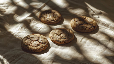 Four cookies are sitting on a table in the sun. The cookies are brown and have a crumbly texture. The sun is shining on the cookies, making them look warm and invitingの素材