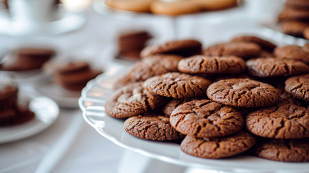 A white plate with a bunch of brown cookies on it. The plate is on a table with other plates and bowlsの素材