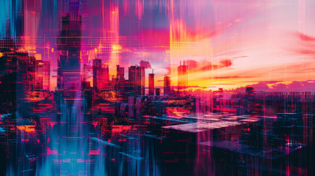 A cityscape with a sunset in the background. The sky is filled with vibrant colors, and the buildings are illuminated by the sun. Scene is serene and peaceful, as the cityの素材