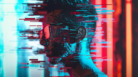A blurry image of a man with a face that is pixelated and distorted. The image has a futuristic and abstract feel to it, with the man's face appearing to be made up of various shapes and linesの素材