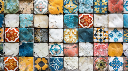 A colorful mosaic made of tiles with a variety of shapes and sizes. The tiles are arranged in a way that creates a pattern and a sense of depth. Scene is vibrant and lively, with the colorsの素材