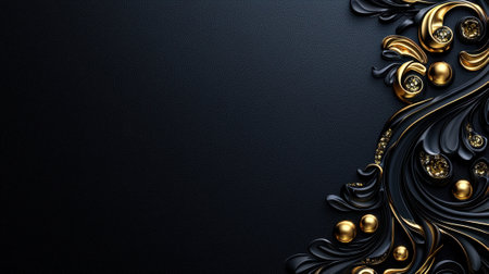 A black background with gold and silver decorations. The decorations are in the form of circles and are scattered throughout the imageの素材
