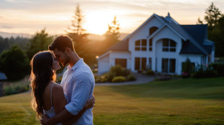 A couple is embracing in front of a large house. The sun is setting, casting a warm glow on the scene. Scene is romantic and peacefulの素材