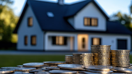 A pile of gold coins sits on a table in front of a house. The coins are stacked in a pyramid shape, with the largest coin at the bottom and the smallest at the topの素材