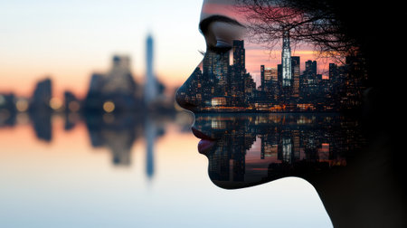 A woman's face is shown in a cityscape, with the city reflecting in the water. Concept of depth and perspective, as if the woman's face is a window into the cityの素材