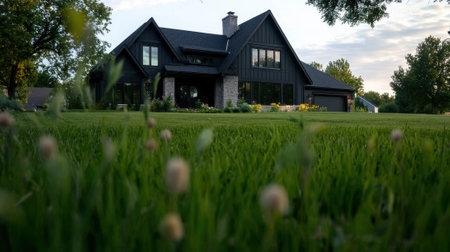 A large black house with a green lawn and a few flowers. The house is surrounded by a lush green fieldの素材