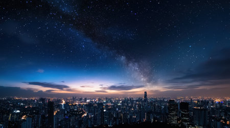 A city skyline is lit up at night with the stars shining brightly in the background. The city is bustling with activity, but the stars provide a sense of calm and tranquilityの素材
