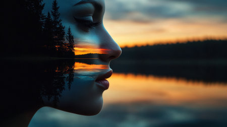 A woman's face is reflected in the water, with the sun setting in the background. The image has a serene and peaceful mood, as the woman's face is surrounded by the calming waterの素材