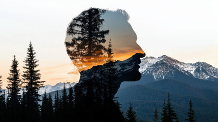 A man's silhouette is shown in front of a mountain range. Concept of solitude and contemplation, as the man's face is the only visible part of his bodyの素材