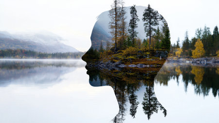 A person's head is reflected in the water, surrounded by trees. Concept of tranquility and peacefulness, as the person's silhouette is captured in the calm waters of the lakeの素材