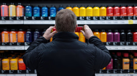 A man is looking at a shelf of colorful bottles. He is holding a cell phone in his handの素材