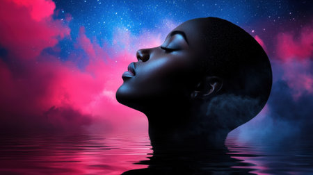 A woman's head is floating in a body of water with a purple and pink sky in the backgroundの素材