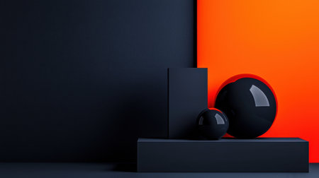 A black and orange background with three black spheres and two black boxes. The spheres are placed on top of the boxes, creating a visually interesting and dynamic compositionの素材