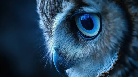 A close up of an owl's eye with a blue hue. The eye is surrounded by a dark blue backgroundの素材