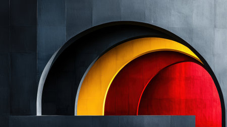 A series of red, yellow and black arches are shown in a black and white photo. The arches are arranged in a way that creates a sense of depth and movement. The photo has a modernの素材