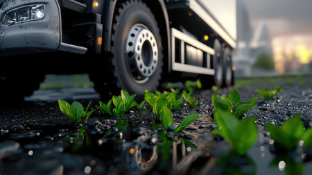 A truck is driving on a wet road with green grass growing out of the pavement. Concept of movement and the truck's tires are leaving a trail in the waterの素材